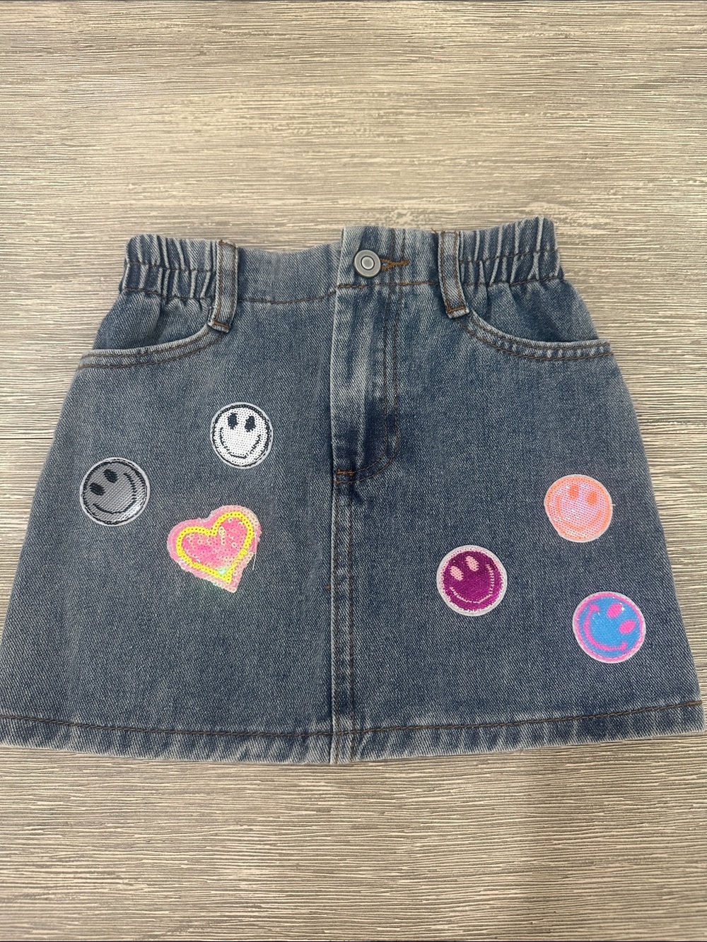 Hanna Banana girls' Dark Denim Skirt with Colorful Smiley Patches